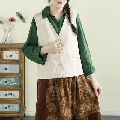 Women Spring Artistic Solid Color Linen V-Neck Vest