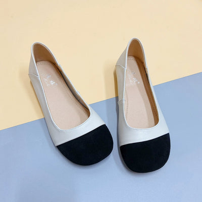 Women Spring Leather Wide Round Toe Patchwork Soft Sole Flats