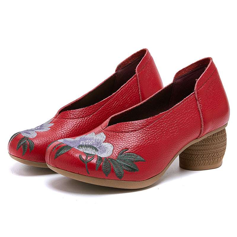 Ethnic Style Retro Genuine Leather Floral Embroidered Heeled Shoes