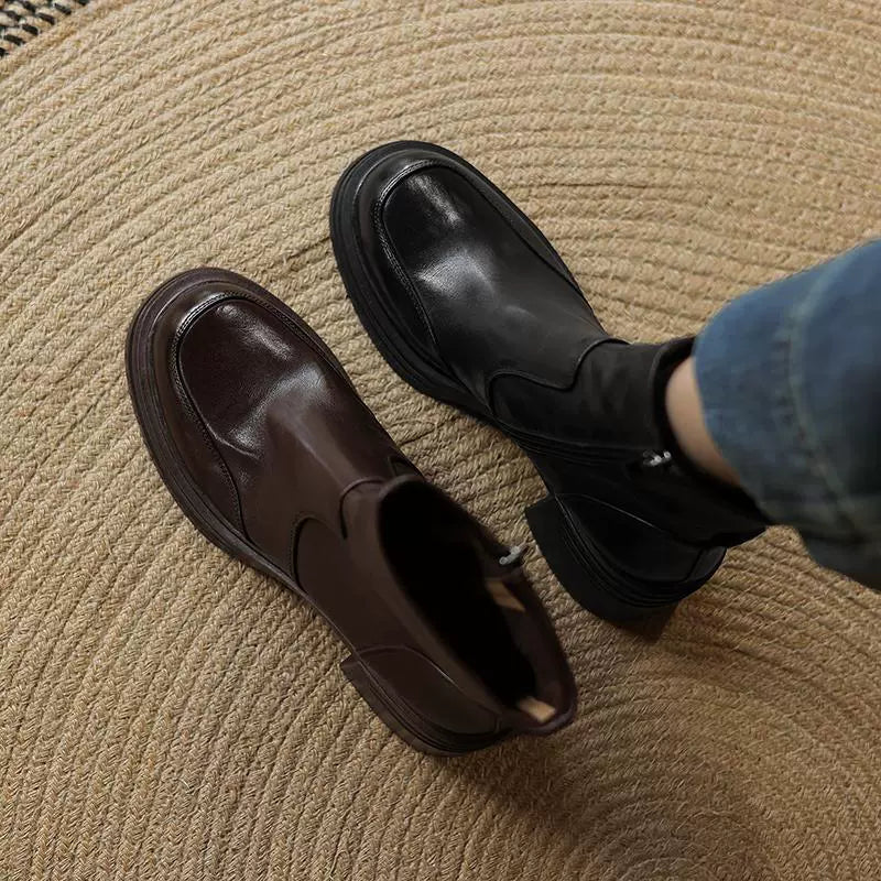 Autumn Genuine Leather Casual Soft Sole Round Toe Chunky Boots