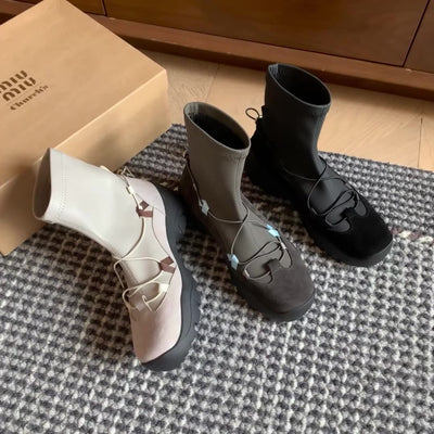 Fashionable Leather Sueded Patchwork Platform Ankle Boots