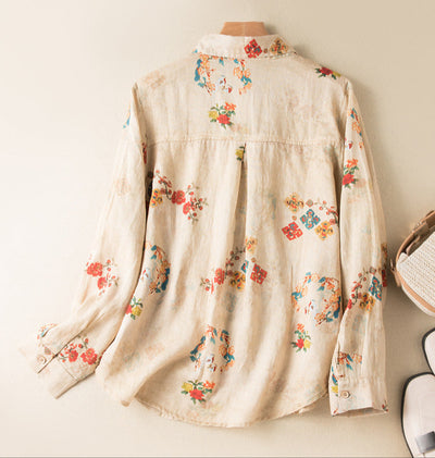 Women Spring Retro Printed Long-Sleeved Cotton Linen Shirt