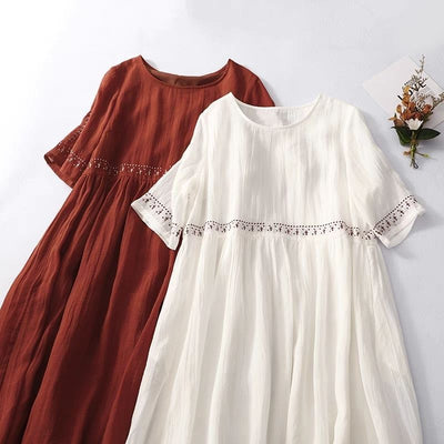 Women Summer Retro Cotton Linen Embroidered Plus Size Dress