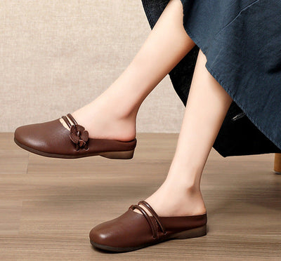 Minimalist Genuine Leather Flower Low-Heel Slippers for Women