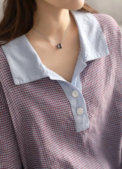 Women's Retro Loose Plaid Contrast Color Linen Polo Shirt
