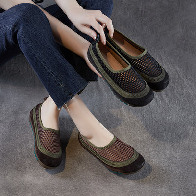 Women Summer Retro Leather Mesh Hollow Soft Flats
