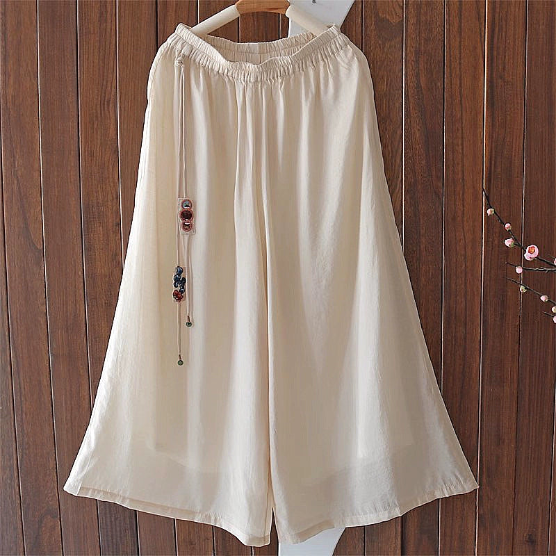 Summer Retro Linen Breathable Elastic Waist Tassel Pants