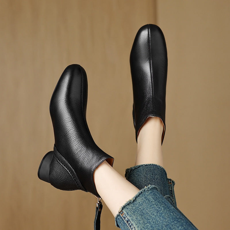 Retro Autumn Sheepskin Leather Chunky Zipper Ankle Boots