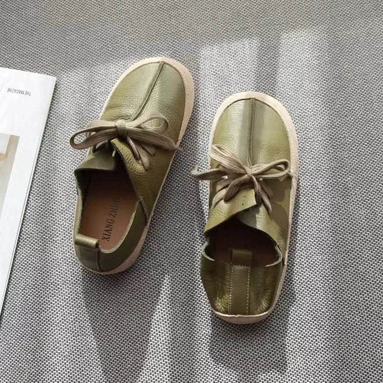 Summer Top Genuine Leather Casual Soft Flat Lace-Up Shoes