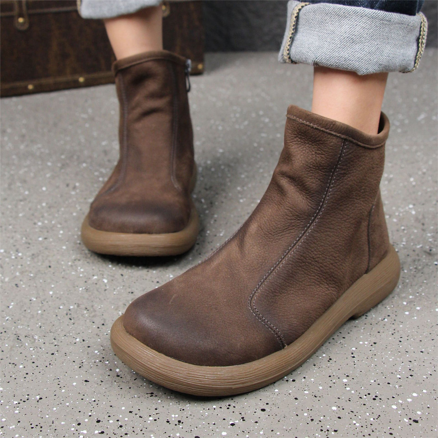 Autumn Leather Retro Plus Size Zipper Loose Ankle Boots