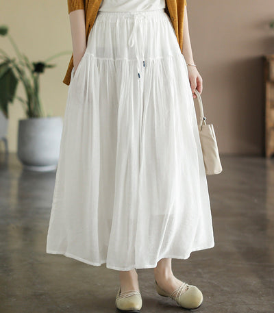 Casual Solid Color High Waist Pleated Cotton Linen A-Line Skirt
