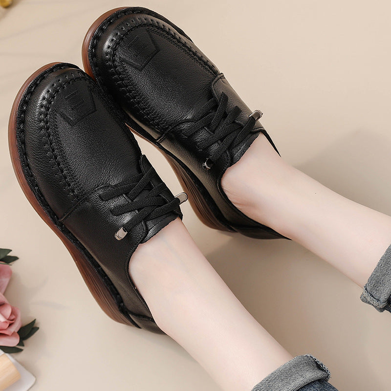 Women Retro Comfy Genuine Leather Platform Wedge Soft Sole Shoes