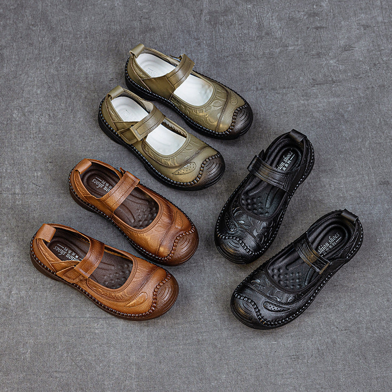 Casual Leather Soft Sole Wide Round Toe One Straped Shoes