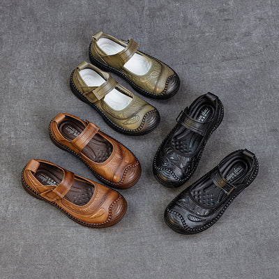 Casual Leather Soft Sole Wide Round Toe One Straped Shoes