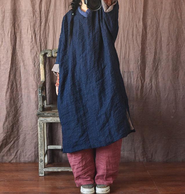 Women Vintage Color Block V-Neck Mid-Length Cotton Linen Coat