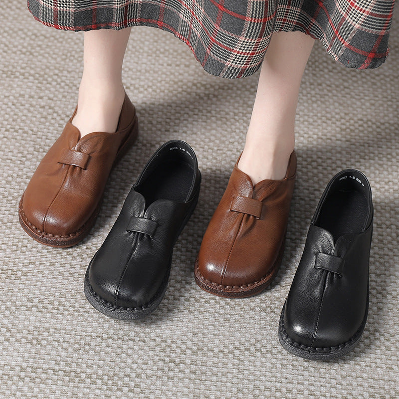 Women Retro Comfy Black and Brown Genuine Leather Slip-On Shoes
