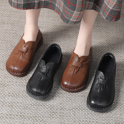 Women Retro Comfy Black and Brown Genuine Leather Slip-On Shoes