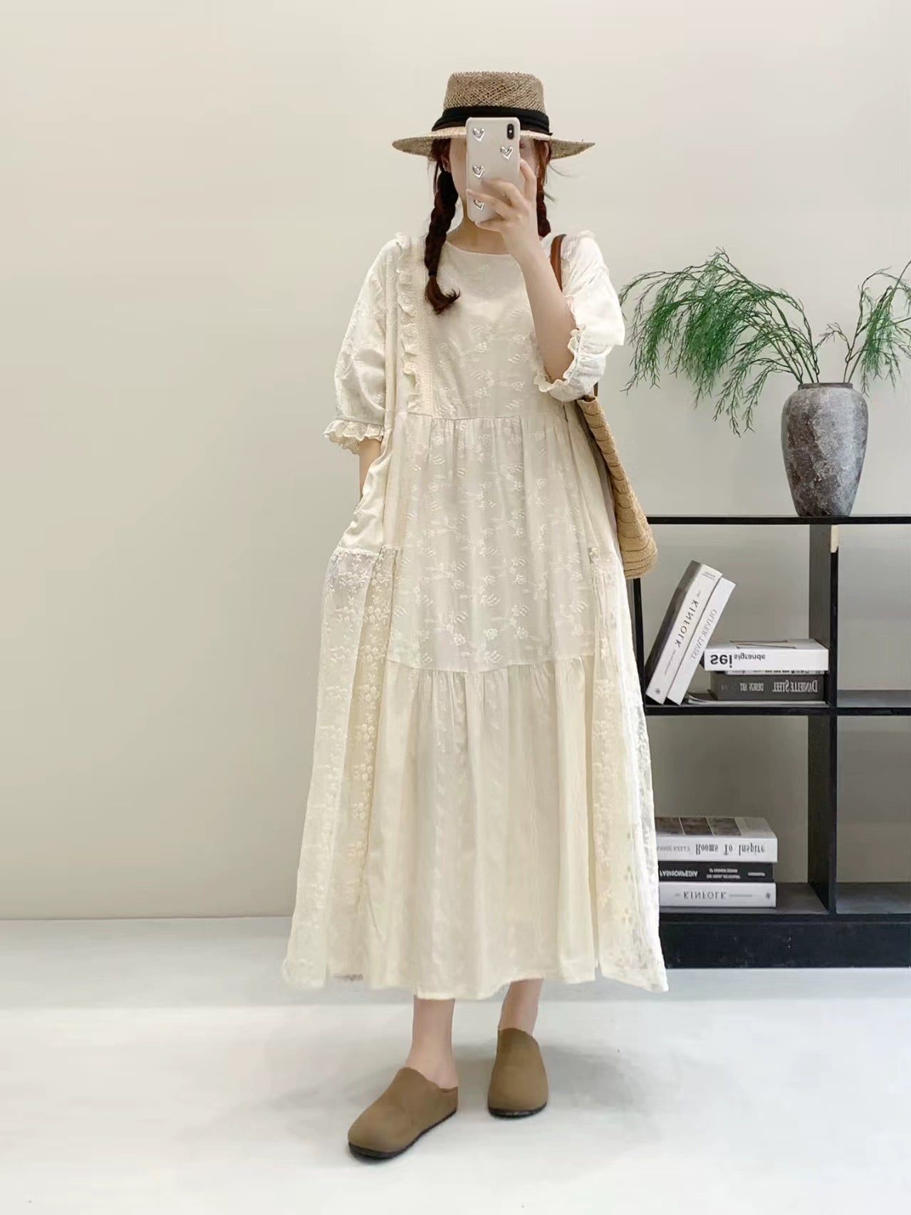 Retro Cotton Linen Lace Patchwork Loose Embroidered Dress