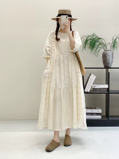 Retro Cotton Linen Lace Patchwork Loose Embroidered Dress