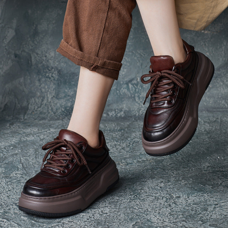 Women Retro Leather Thick Soft Sole Lace-Up Shoes