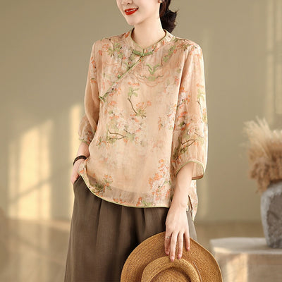 Ladies Elegant Chinese Style Embroidered Buttoned Ramie Blouse