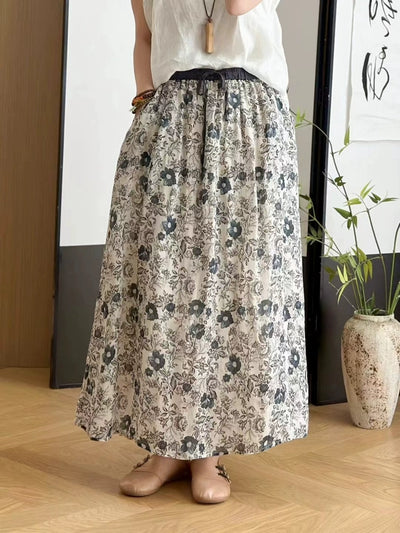 Summer Elegant Vintage Ramie Floral High Waisted A-Line Lace Up Skirt