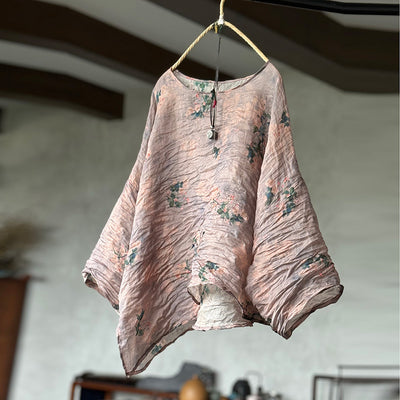 Spring Loose Casual Asymmetric Floral Printed Ramie Blouse