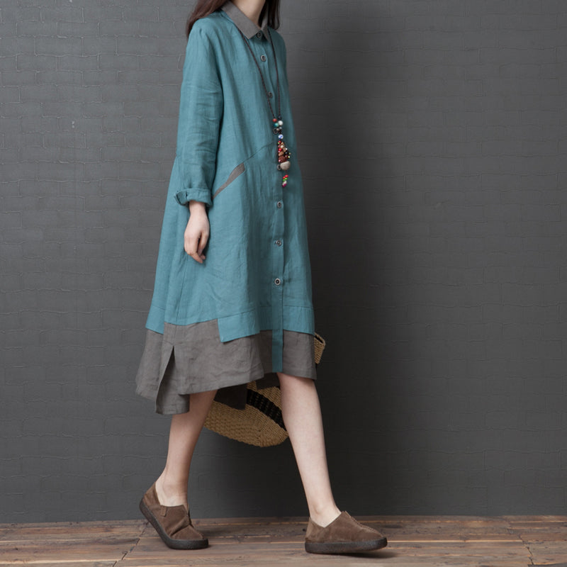 Babakud Spring Cotton Linen Loose Spliced Color Shirt Dress