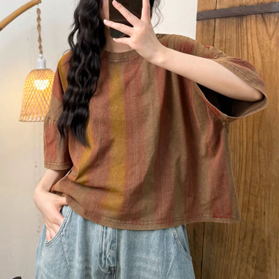 Women Summer New Striped Knit Cotton Round Neck T-Shirt