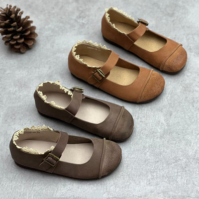 Women Vintage Buckled Lace Spliced Leather Mary Jane Flats