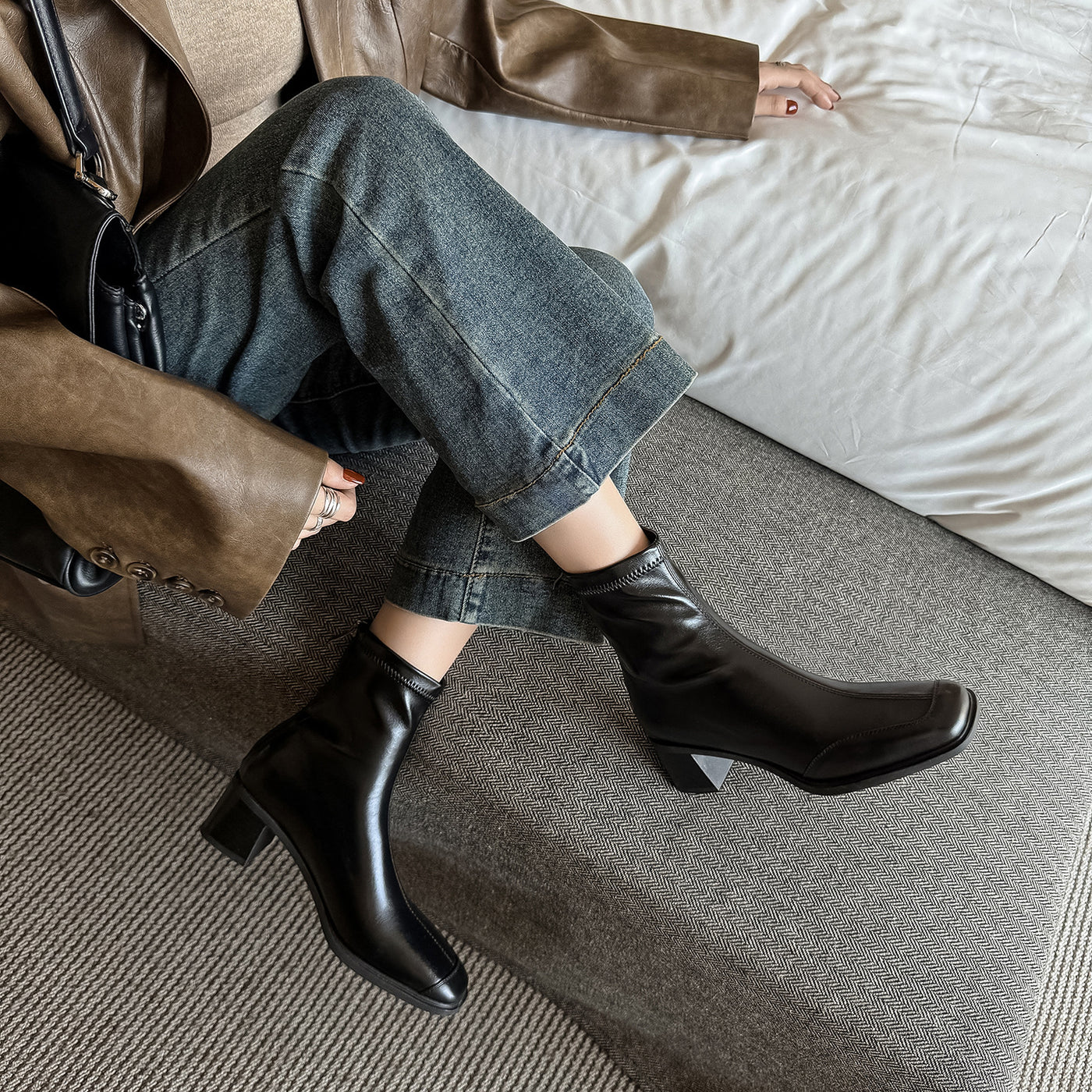 Leather Casual Square Toe Patchwork Chunky Zipper Mid-Calf Boots