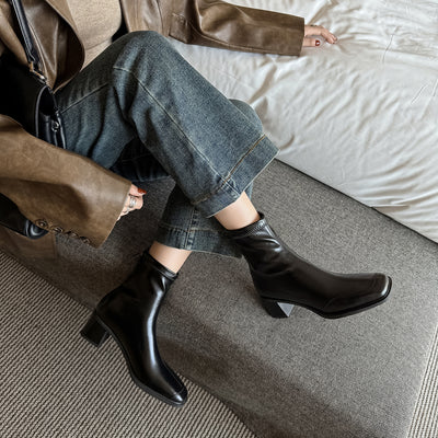 Leather Casual Square Toe Patchwork Chunky Zipper Mid-Calf Boots