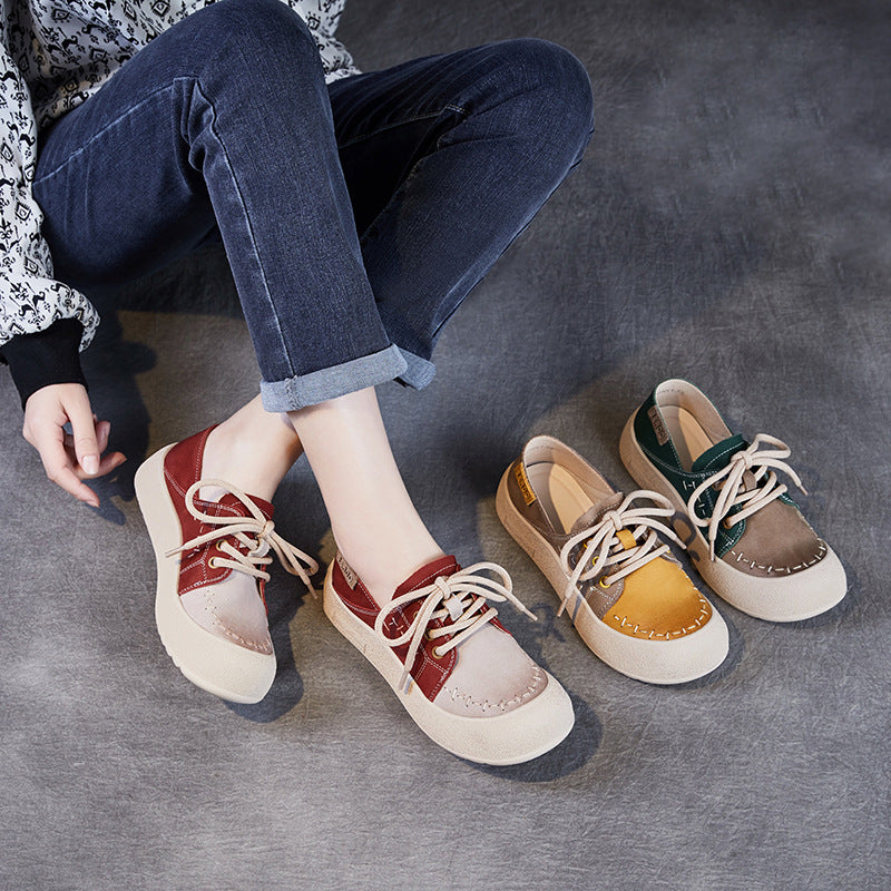 Women Color Block Genuine Leather Flat Casual Shoes