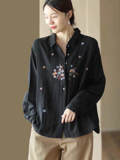 Autumn Retro Cotton Embroidered Casual Comfortable Loose Shirt