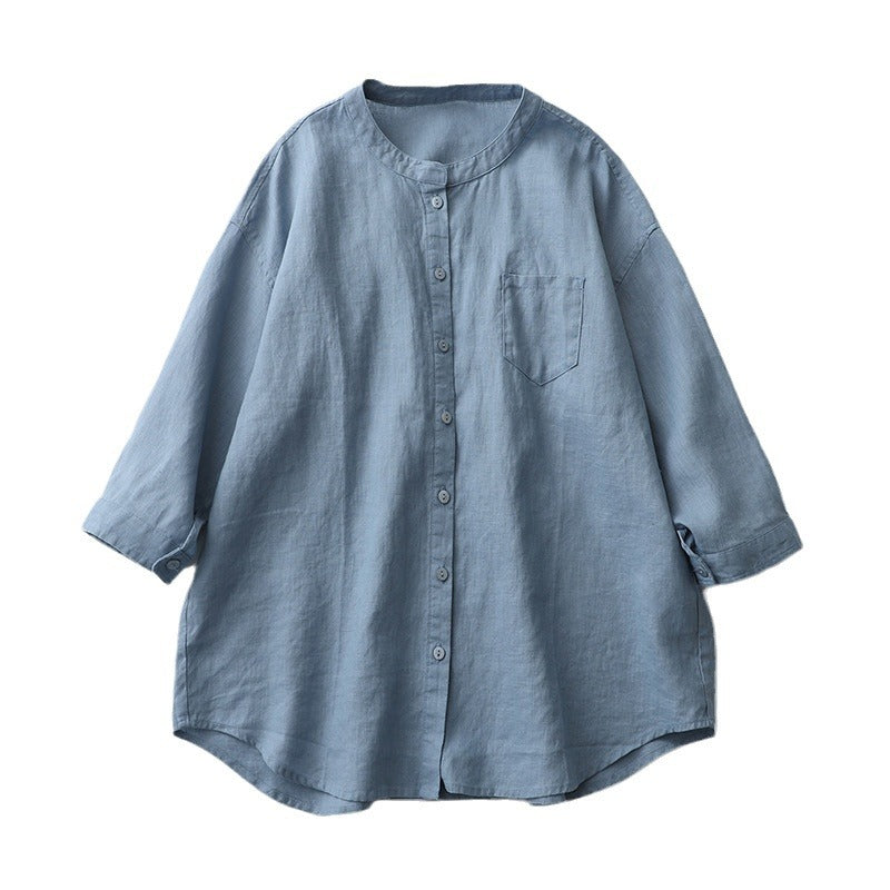 Babakud Summer Cotton Linen Stand Collar 3/4 Sleeves Shirt