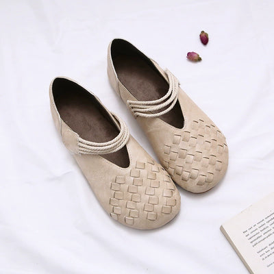 Women Casual Retro Woven Round Toe Flat Sole Velcro Sandals