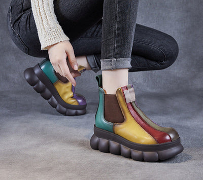 Multicolor Retro Chunky Sole Leather Ankle Boots for Women