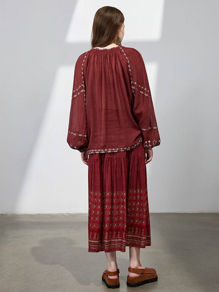 Summer Women Retro Cotton Loose Printed A-Line Skirts