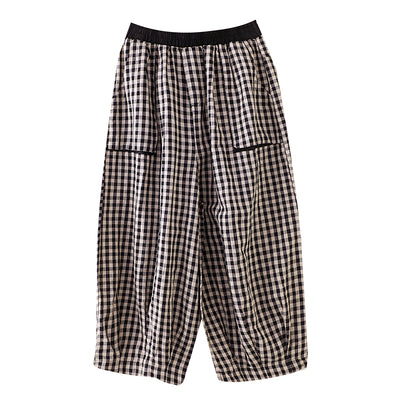 Large Pockets Plaid Elastic Waist Casual Cotton Linen Pants