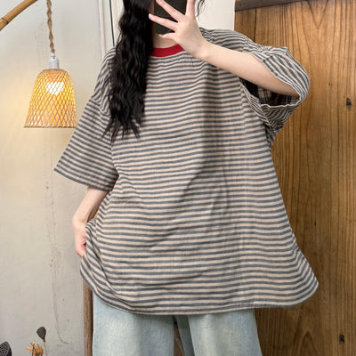 Summer Casual Versatile Cotton Contrasting Collar Striped T-Shirt