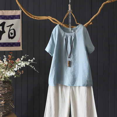 Retro Summer Linen Round Neck Loose Solid Color T-Shirt