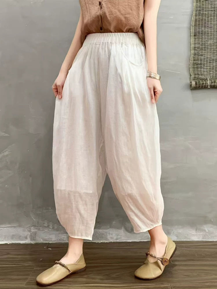Women Summer Ramie Vintage Style Loose Harem Ankle Pants