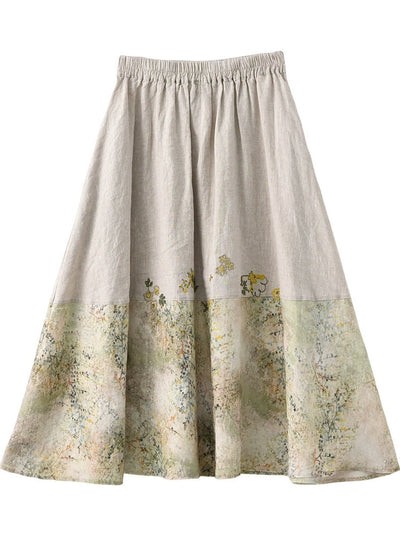 Babakud Retro Elegant Linen Patchwork Elastic Waist Skirts