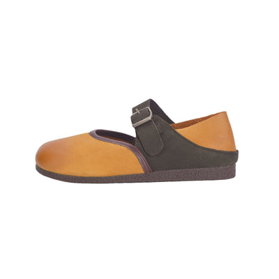 Women Summer Vintage Style Color-Block Breathable Leather Flats