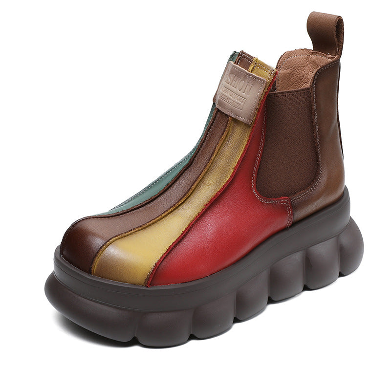 Multicolor Retro Chunky Sole Leather Ankle Boots for Women