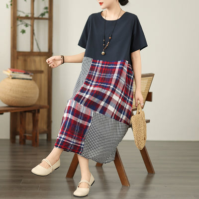 Loose Trendy Retro Short Sleeves Color Block Plaid Cotton Dresses