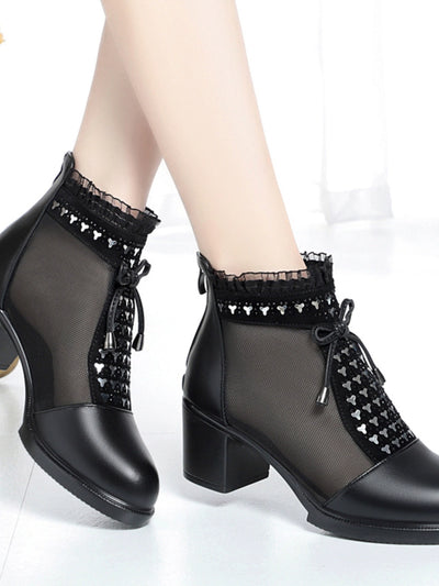 Summer Leather Mesh Breathable Lace Chunky Ankle Boots