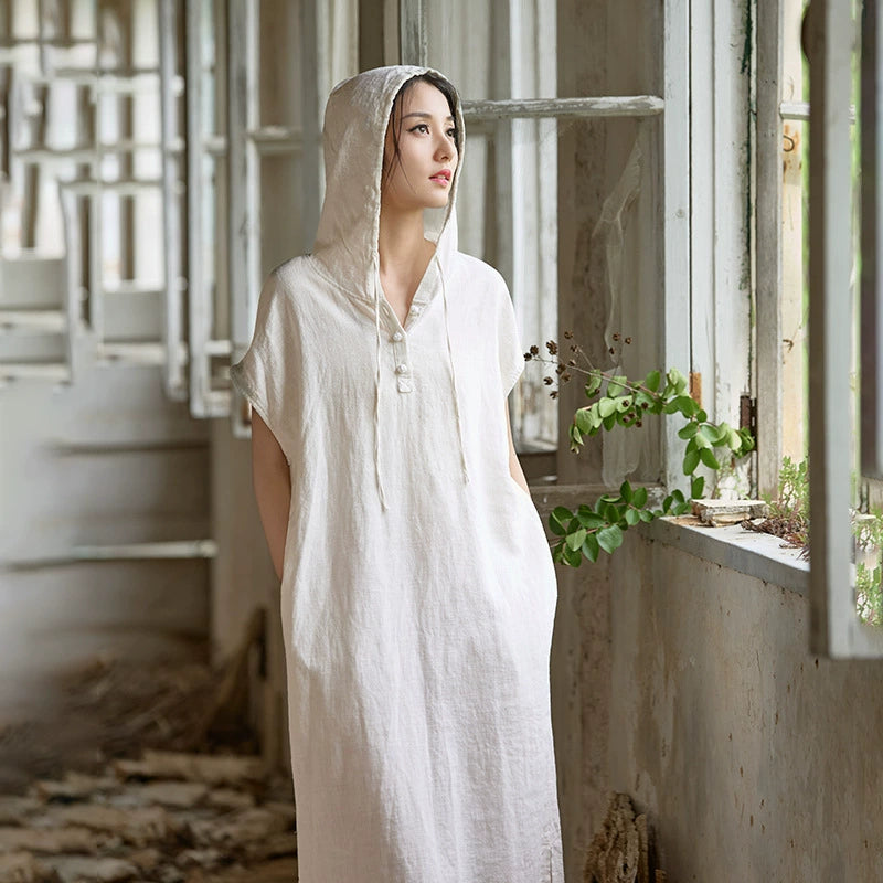 Summer Retro Linen Washed Casual Loose Hooded Dress