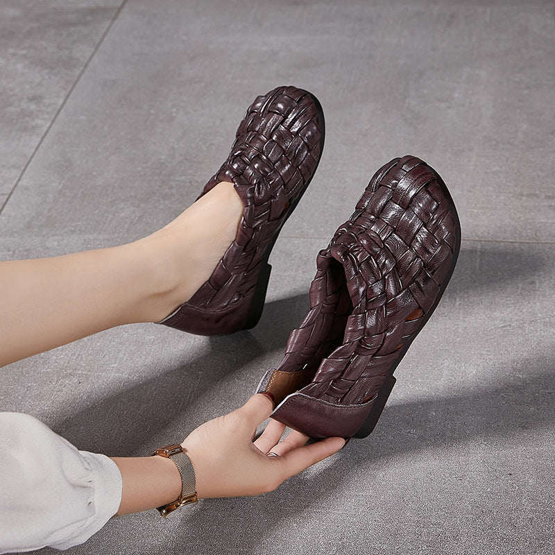 Babakud Retro Genuine Leather Woven Hollow Slip-Ons Flats Shoes
