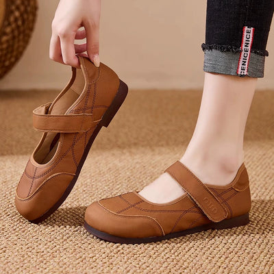 Women Retro Leather Round Toe One Straped Velcro Flat Shoes
